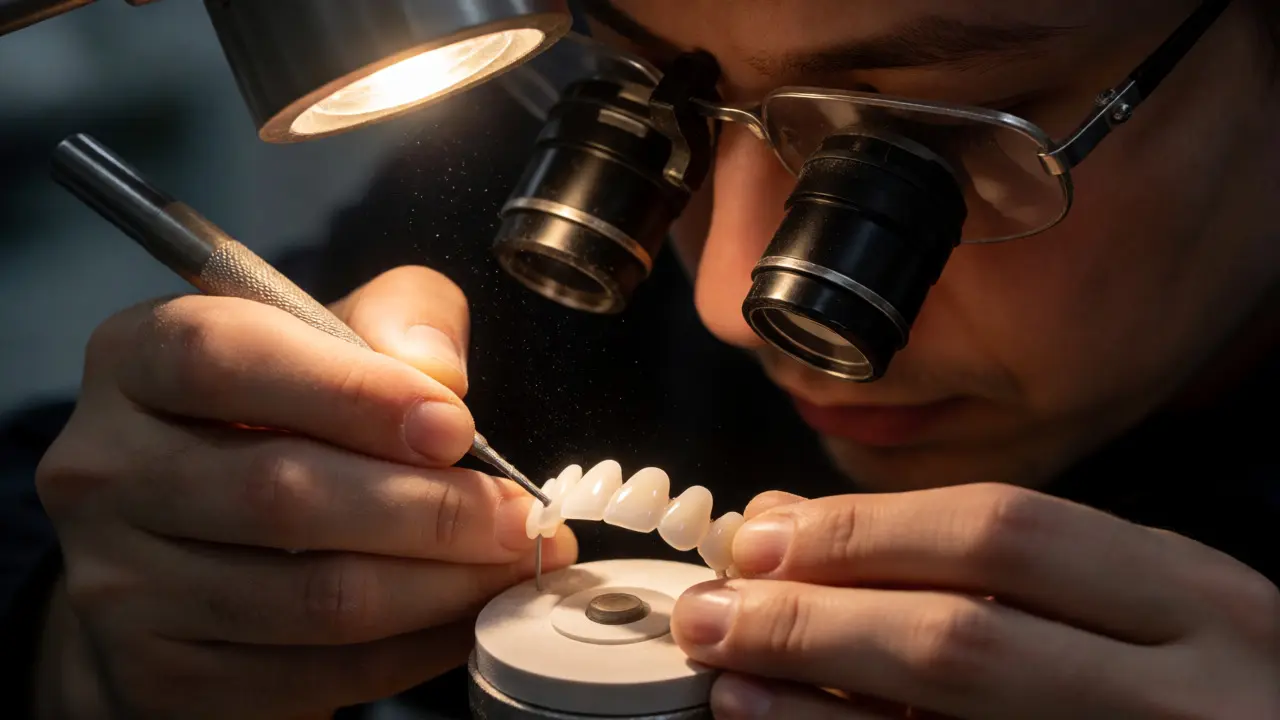 Zubní technik v lupách ručně opracovává tenké keramické fazety v laboratoři.