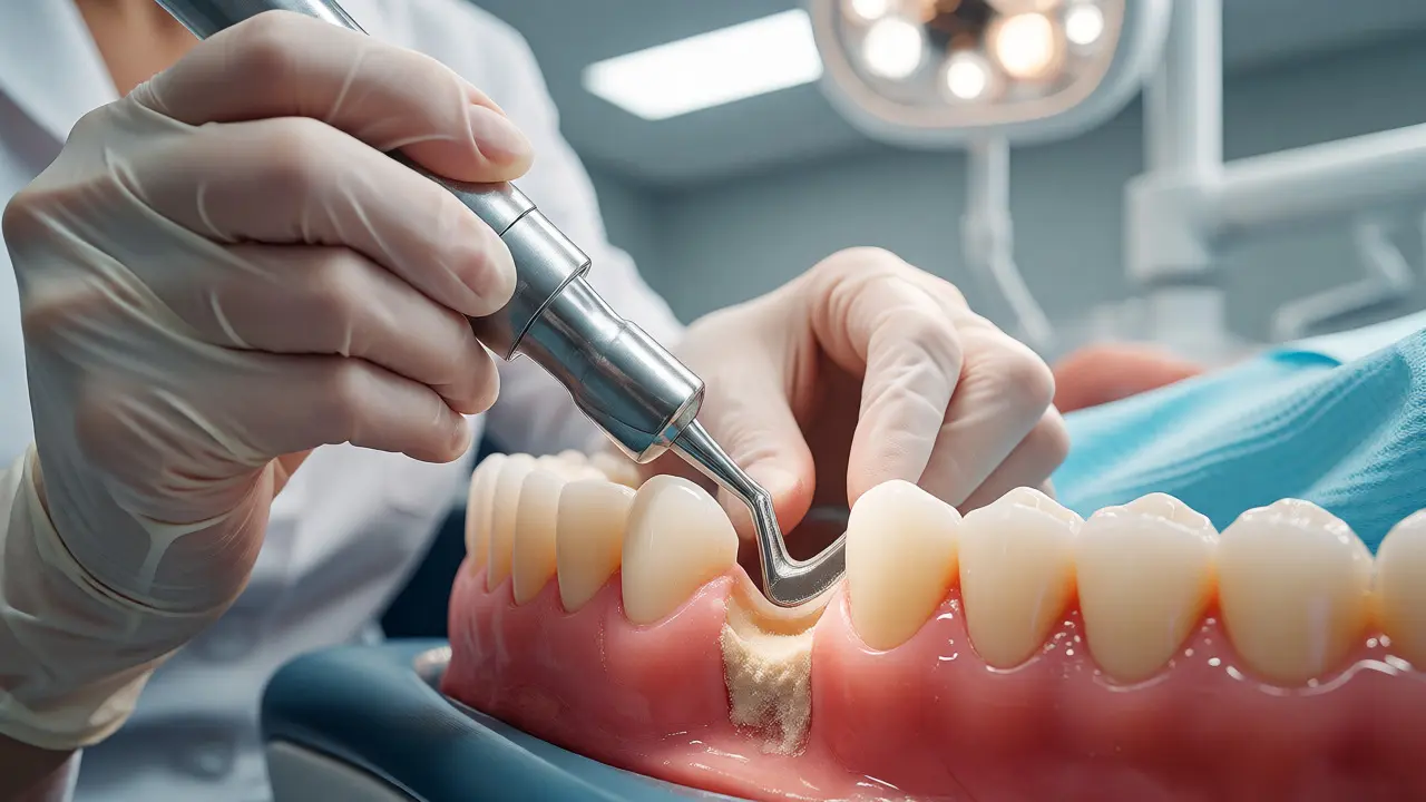 Dentální hygienistka odstraňuje kámen ultrazvukem