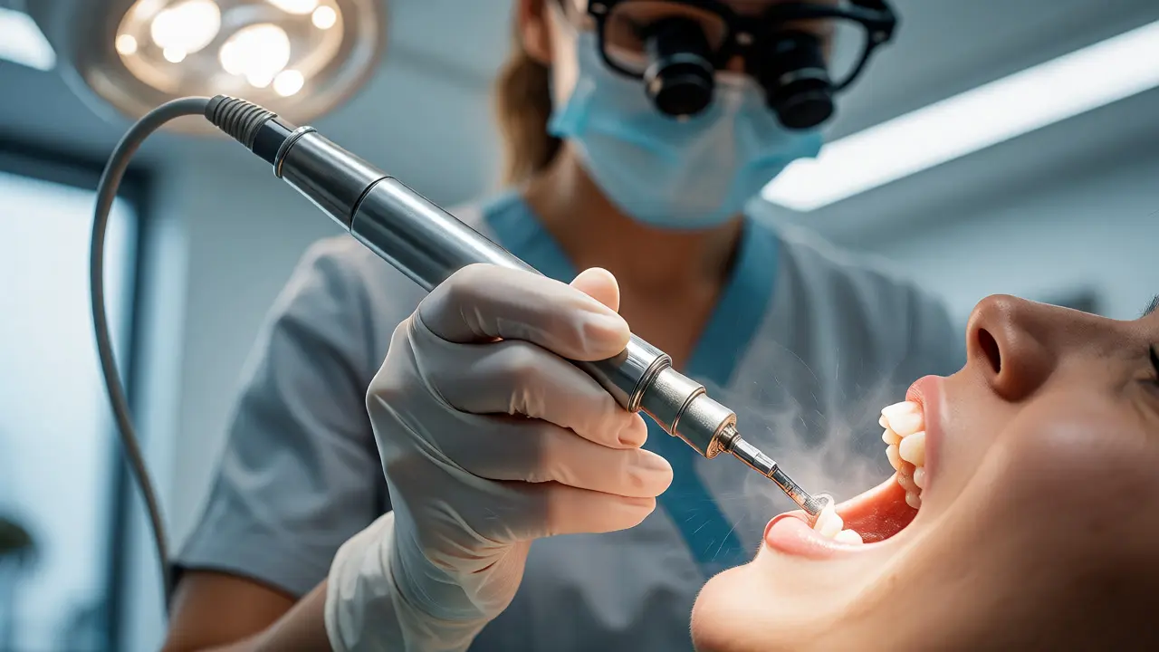Dentální hygienistka odstraňuje kámen ultrazvukovým přístrojem