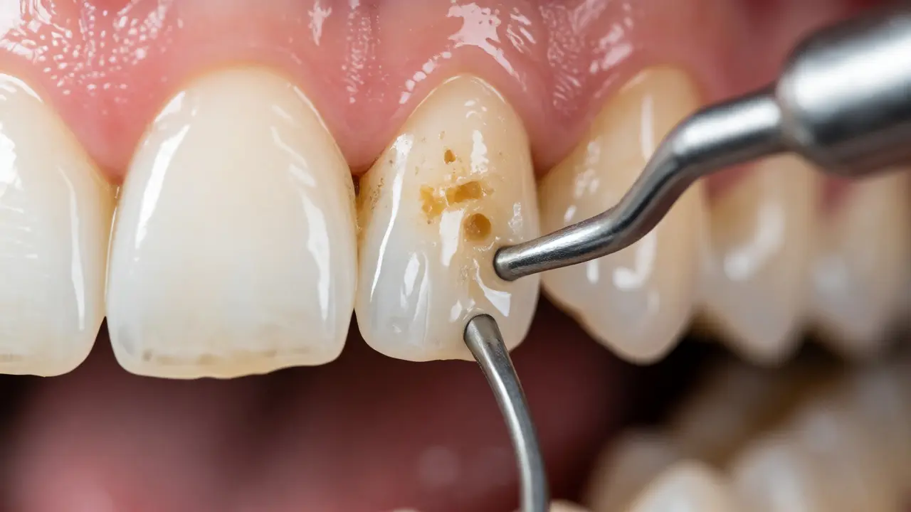 Dentista provádí infiltraci pryskyřicí na zub postižený demineralizací