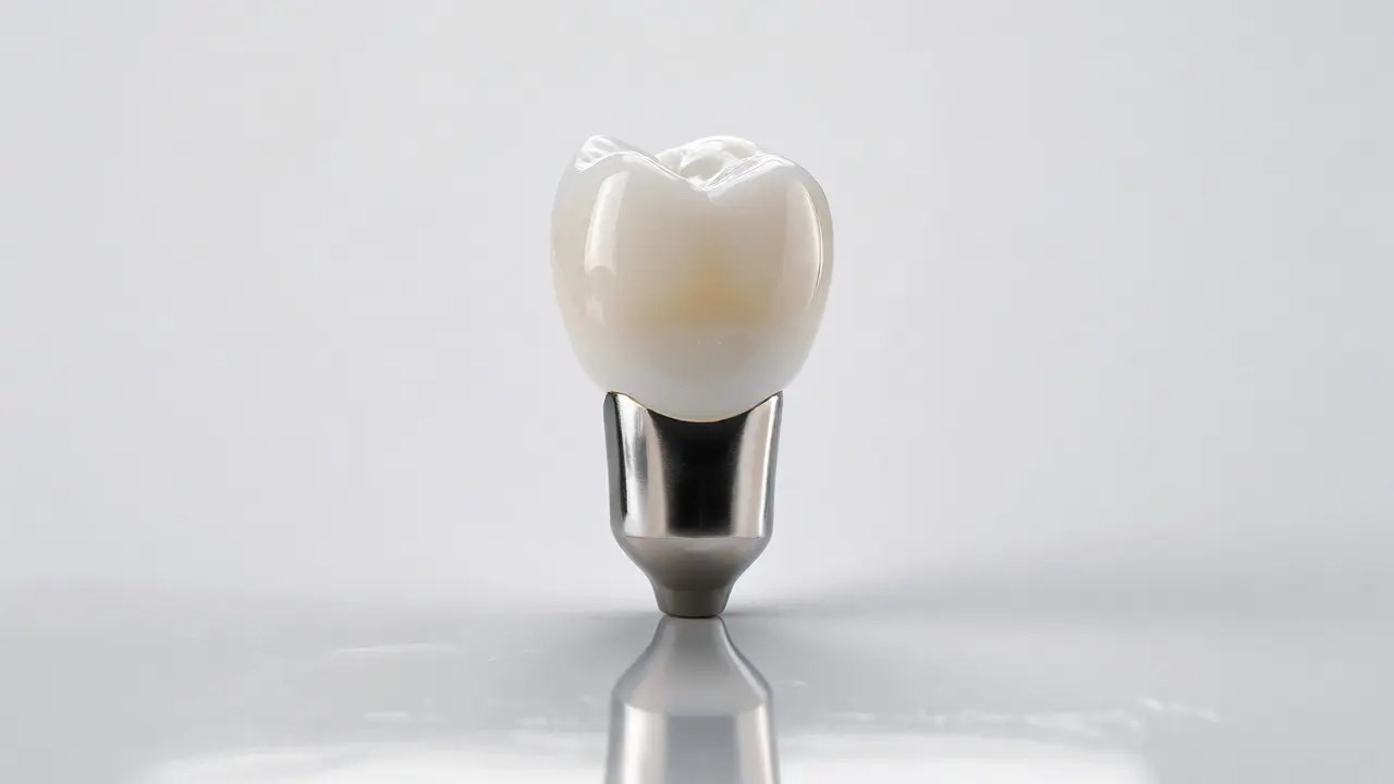 Detailní pohled na hotovou keramickou korunku na implantátu