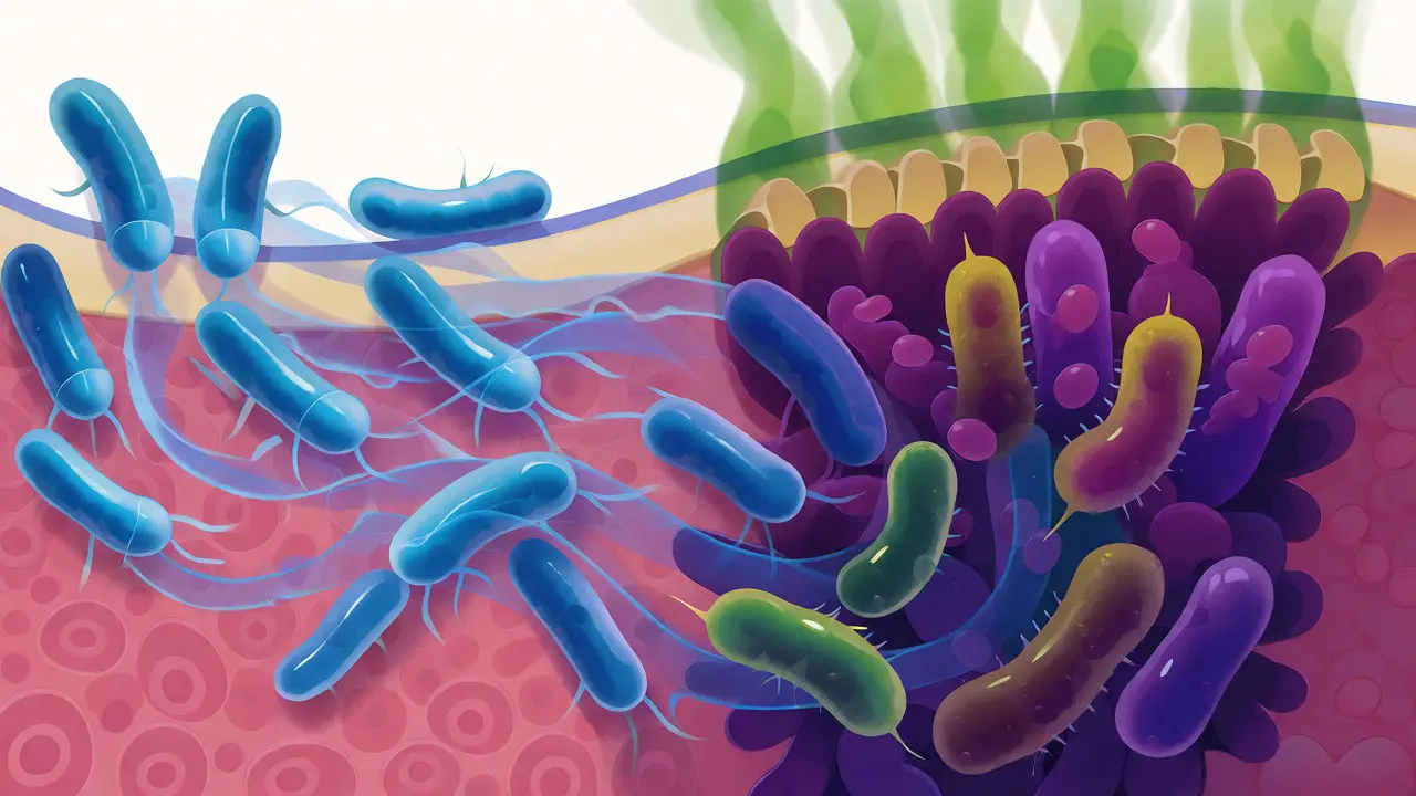 Ilustrace vývoje bakteriálního biofilmu v ústech