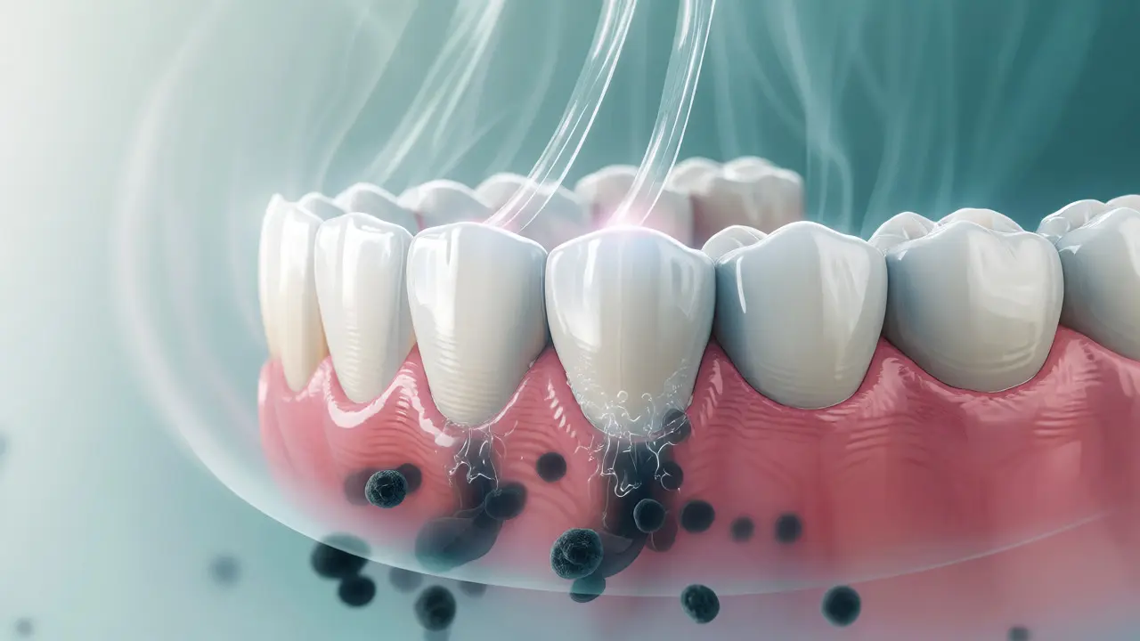 Konceptuální ochrana zubů před bakteriemi pomocí hygienických nástrojů.
