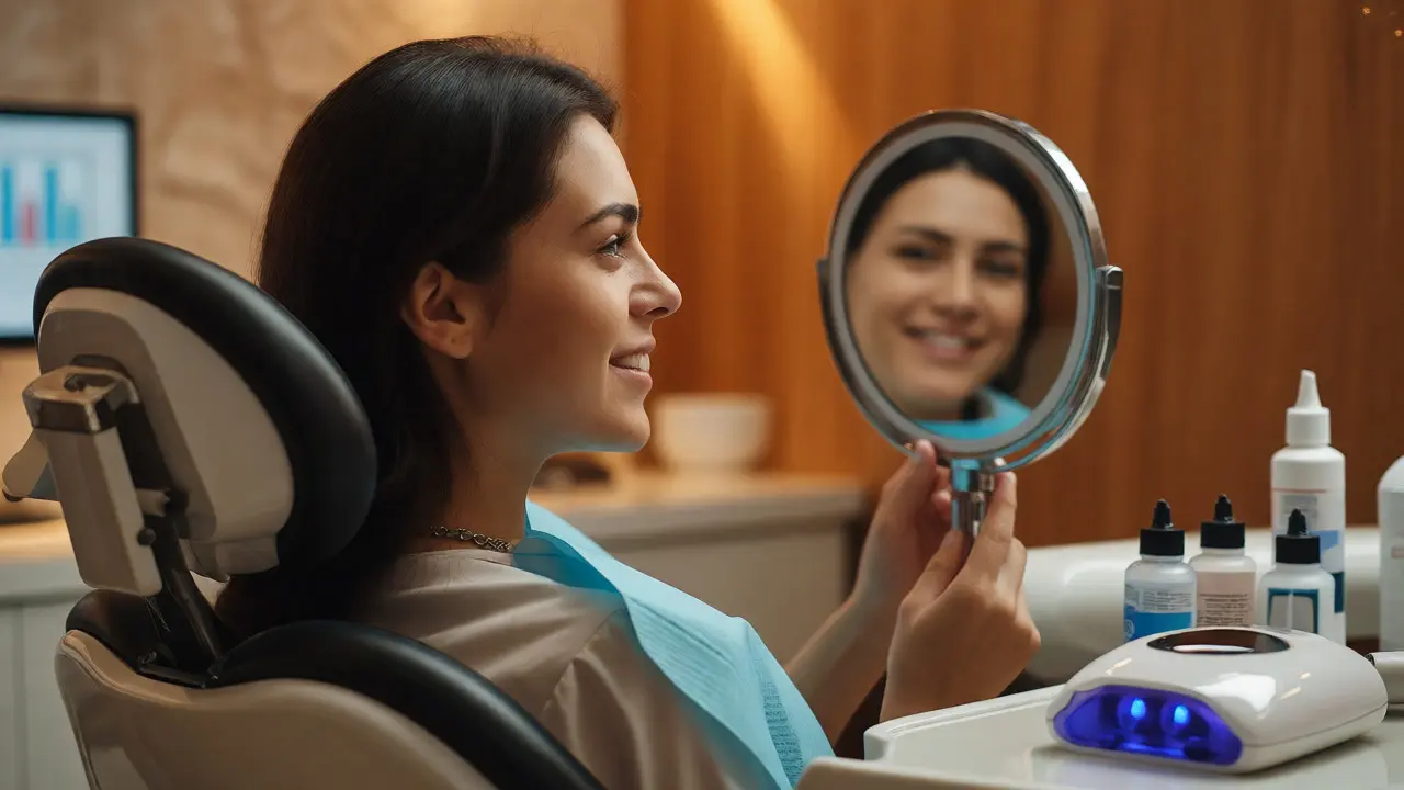 Pacient se spokojeně dívá do zrcadla po konzultaci o nálepkách