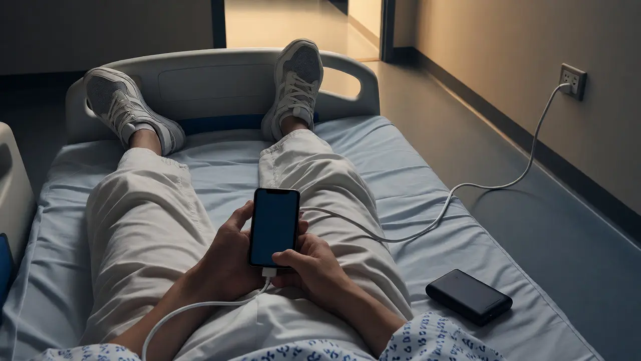 Pacient v posteli nabíjí telefon pomocí dlouhého prodlužovacího kabelu