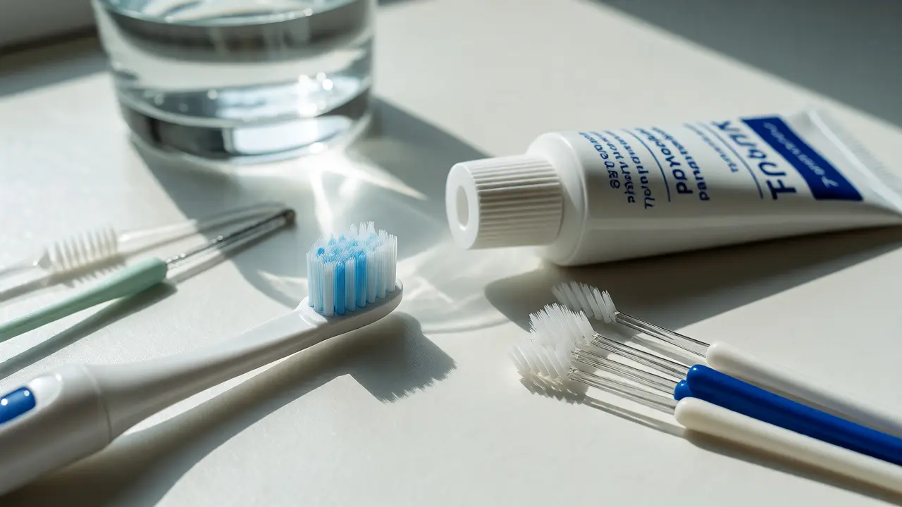 Předměty pro ústní hygienu: kartáček, mezizubní kartáčky a pasta